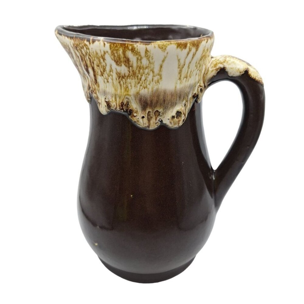 Robinson Ransbottom Pottery Pitcher Brown Drip Glaze Vintage Swirl Handle 7.5‎